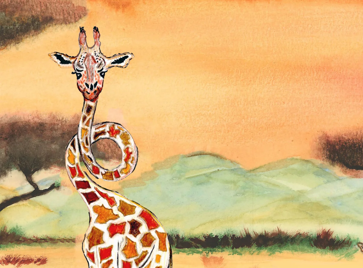 Illustration: Rafu, die Giraffe mit dem Looping im Hals